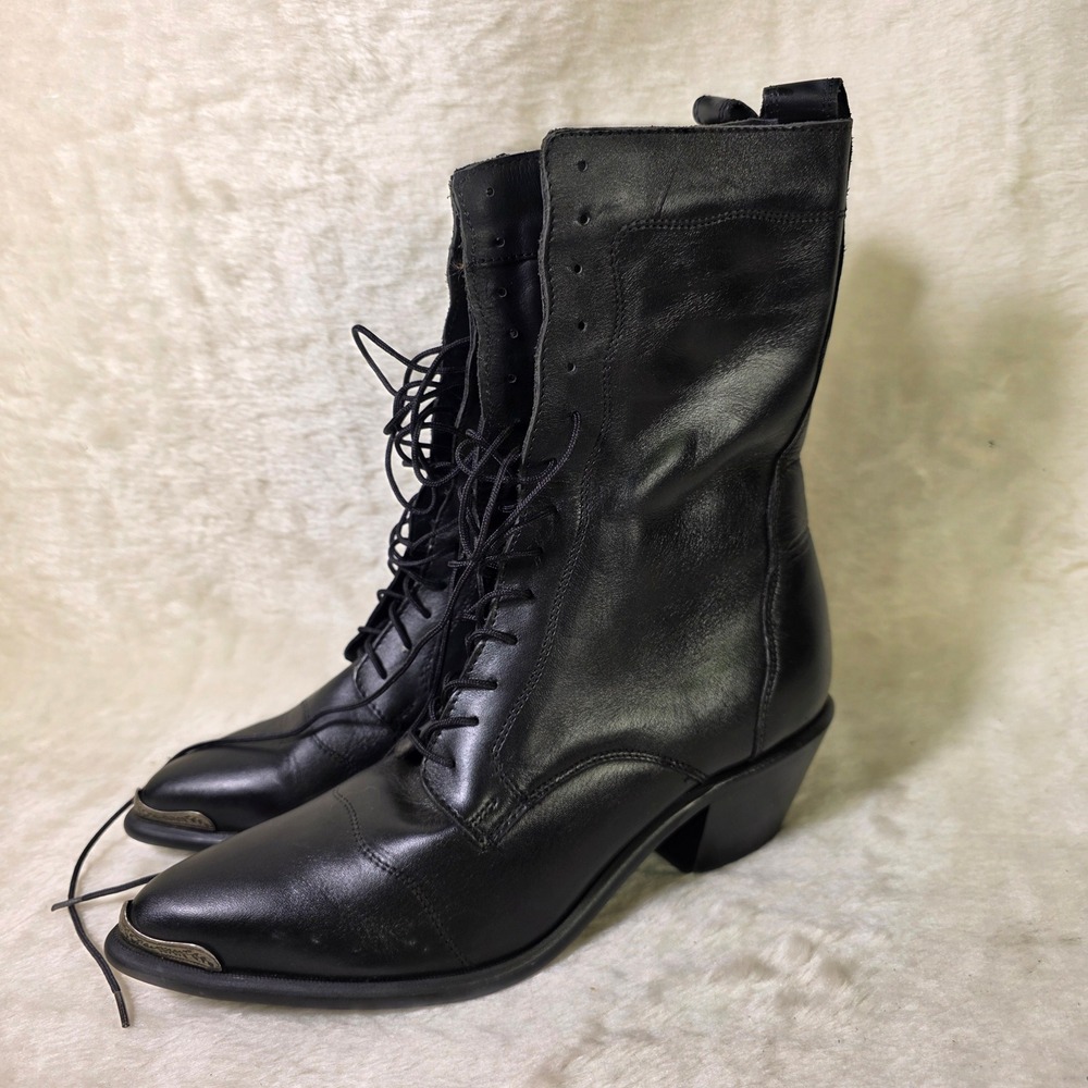 VTG Dingo Leather Granny Lace Up Boots Black Metal Toe Western Women 6.5 M NEW